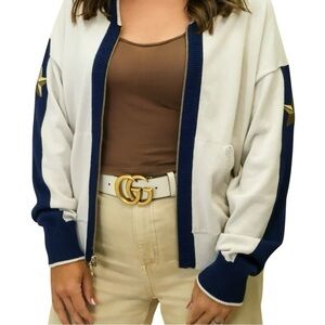 Label & Thread Women's Cream and Navy Sweater Jacket in size large